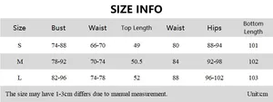 Detailed size information chart for lace bodysuit and split maxi skirt set for women