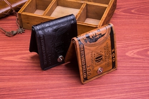 Detail of vintage 100 dollar pattern men's wallets in black and brown leather