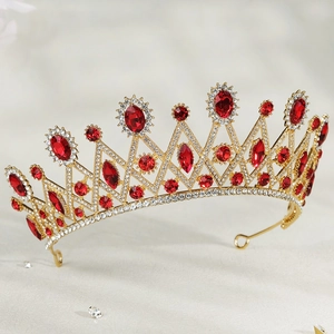 Baroque bridal crown in gold with ruby red crystals and white rhinestones