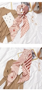 Pink geometric pattern silk scarf styled with brown rib-knit top and bucket bag