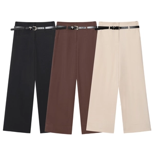 Women High Waist Wide Leg Pants With Belt Polyester Straight Trousers Elegant Office Commuter Casual Fashion Style