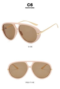 Detailed side and front view of beige aviator sunglasses with gold metal temples