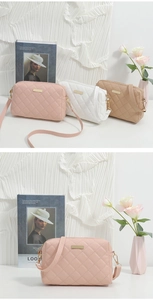Close-up of quilted chain bags in pink, white, and khaki with gold hardware