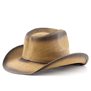 Detailed view of the woven texture and dark brown gradient on the brim of this straw cowboy hat