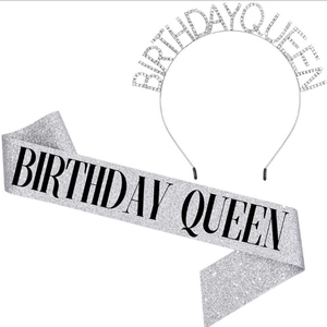 Detail of silver BIRTHDAY QUEEN glitter sash and rhinestone tiara party set