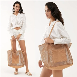 Brown mesh tote beach bag for women with internal pouch shown from multiple angles