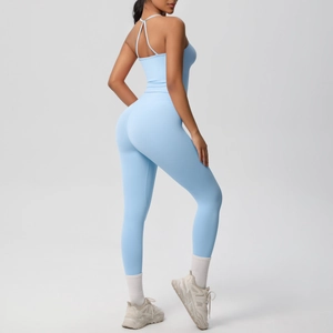 Slim fit light blue backless yoga bodysuit with cross straps and high-stretch fabric