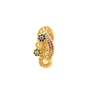 Detail shot of golden flip-flop charm with colorful zircon stones and metallic accents