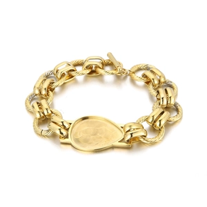 Gold stainless steel double circle O-chain bracelet with a teardrop metal charm