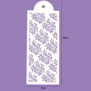 Detail view of 39x15cm leaf pattern cake stencil with hanging hole on purple background