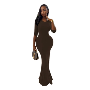 Slim fit dark brown long sleeve fishtail midi dress with elegant bodycon silhouette