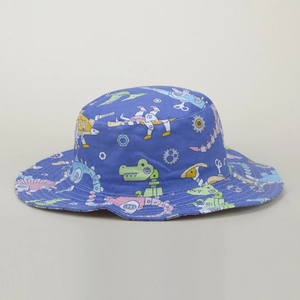 Blue cotton kids bucket hat featuring colorful cartoon dinosaur and robot prints