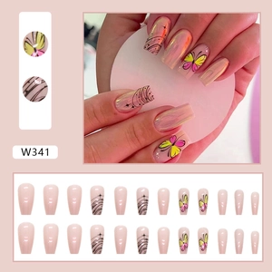 Long coffin aurora pink press-on nails set with painted butterfly and geometric designs
