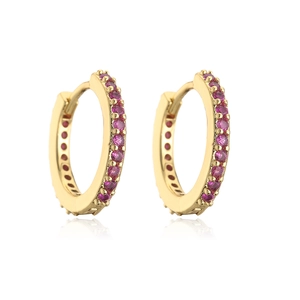 Detailed view of gold hoop earrings with inlaid pink round gemstones on white background