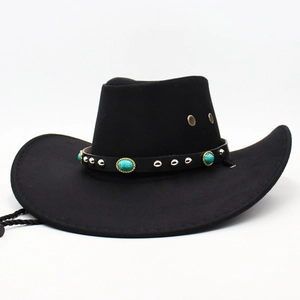 Dettaglio cappello cowboy in feltro nero con pietre turchesi e rivetti in metallo