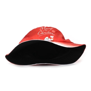 Red Christmas bucket hat with Santa print and Merry Christmas script on white background