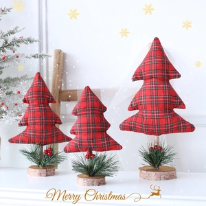 Three-piece red plaid fabric mini Christmas trees with wooden bases for table decor