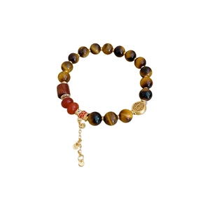 Vintage beaded bracelet with tiger eye stones, red beads and enamel fish charm