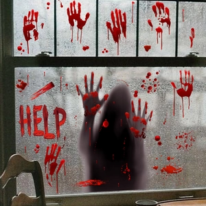 Halloween bloody handprints and HELP sign static window stickers for spooky decor