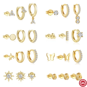 925 Sterling Silver Hoop Earrings Studs Zirconia Stackable Geometric Chic Fashion Jewelry For Women