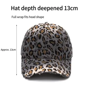 Vintage leopard print baseball cap with distressed brim and 13cm depth for sun protection