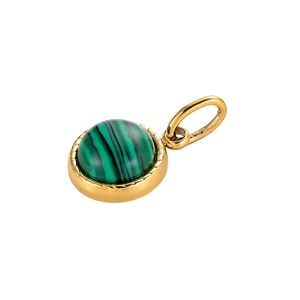 Macro shot of green malachite stone in golden round setting for DIY jewelry projects