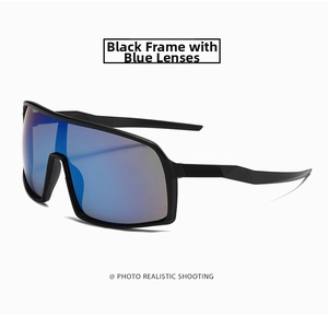 Detail view of sports sunglasses featuring a black matte frame and blue mirrored lenses