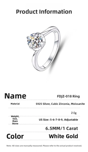 Detailed spec sheet of S925 silver 1ct moissanite ring with six-prong setting detail