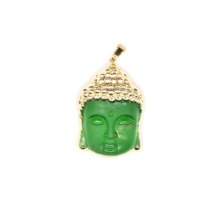 Detailed view of Buddha head pendant featuring green stone and vintage gold frame