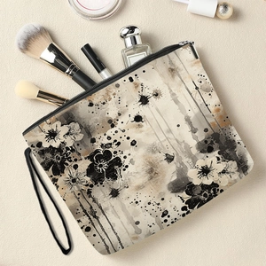 Ink Floral Pattern Cosmetic Bag Fine Linen Makeup Pouch Zipper Wrist Strap Travel Toiletry Organizer Women Portable Storage