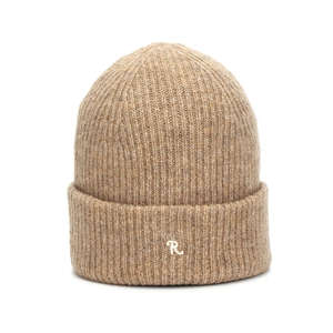 Classic camel knit beanie with letter R metal logo in a solid color minimalist style