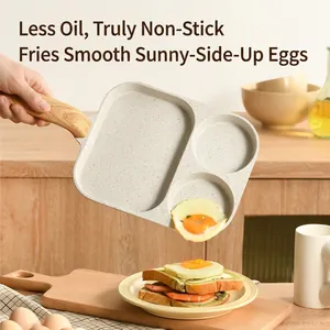 3-section non-stick breakfast pan with medical stone coating and wood-grain handle
