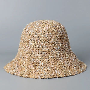 Women Hand Crocheted Paper Straw Sun Hat Foldable Wide Brim Colorful Thread Sweet Summer Beach Vacation Bucket Hat