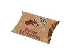 Close-up of kraft paper Christmas pillow box with festive stocking and snowflake print