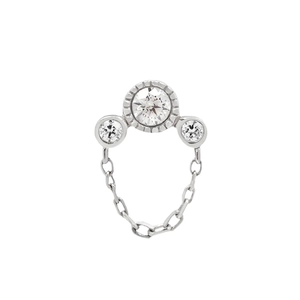 Detailed close-up of S925 sterling silver chain piercing earring with sparkling diamonds