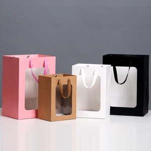 Tote gift bags with transparent windows in pink, brown, white and black colors