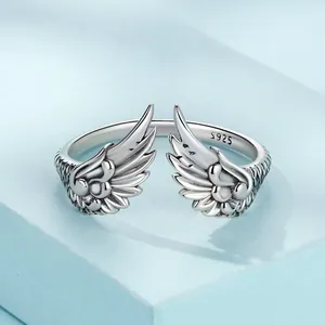 Vintage S925 sterling silver open wing ring with detailed feather texture for men and women