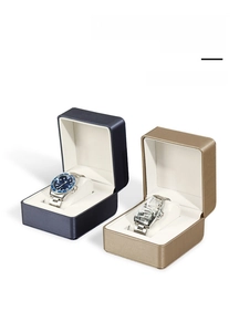 Close-up of premium PU leather watch box with white stitching and plush velvet lining