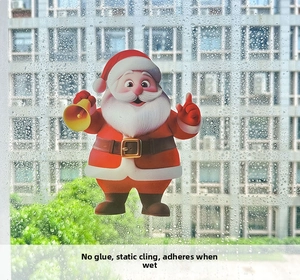Cartoon Santa Claus static window sticker with bell on rainy glass for Christmas decor