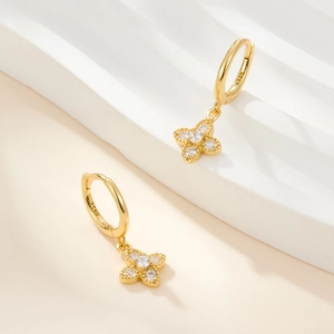 Elegant S925 sterling silver gold-plated clover hoop earrings with white zircon accents