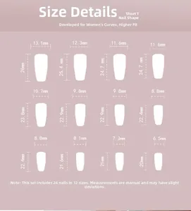 Size chart showing 24pcs of medium-long white French nails in 12 different widths