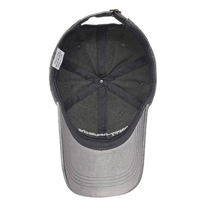 Adjustable dark gray washed cotton baseball cap with vintage embroidery on white background