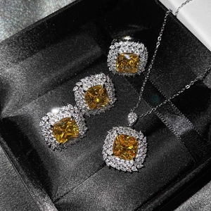 Luxury jewelry set with square yellow gemstone ring, earrings and necklace in black box