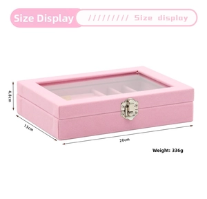 Pink velvet jewelry box with glass lid and metal latch detail, 20x15x4.8cm size