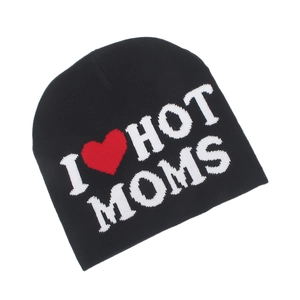 Detail of black knit beanie with white I Heart Hot Moms text and red heart graphic
