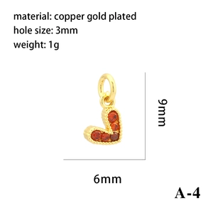 18K gold plated copper heart pendant with red zircon inlay, 6mm x 9mm DIY jewelry charm