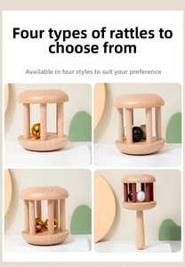 Detailed view of four handcrafted natural wood baby rattles with smooth polished finishes