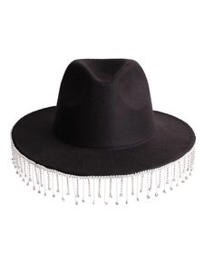 Close-up of elegant black fedora hat featuring hanging silver rhinestone fringe details