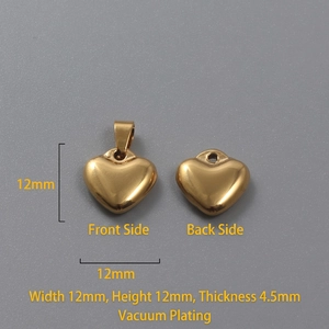 Macro detail of 12mm 18k gold heart pendant showing dimensions and polished finish