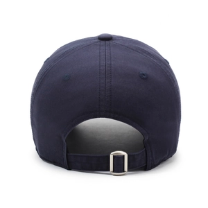 Navy blue cotton baseball cap back view featuring adjustable metal strap and silver buckle